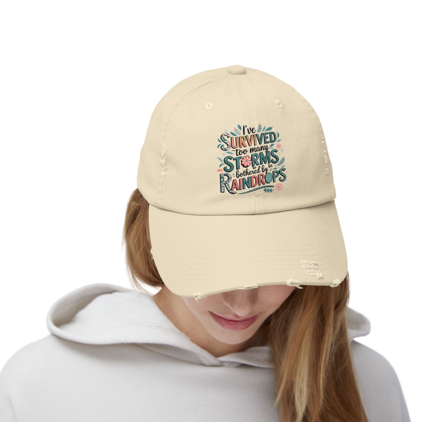 Distressed Baseball Cap - 'I've Survived Too Many Storms To Be Bothered By Raindrops'